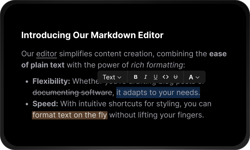 A markdown editor with text highlighted showing a formatting toolbar.