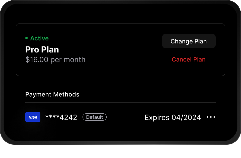 Setting showing a subscription plan and a payment method.